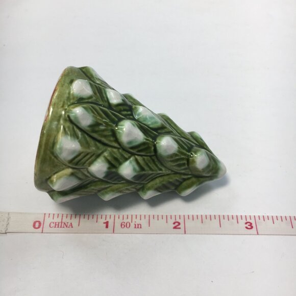 Vintage Christmas Tree Salt Pepper Shaker 2" Ceramic Green White Pinecone Design - Picture 5 of 5